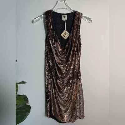 Novo com etiquetas! VESTIDO DE FESTA HAUTE HIPPIE 100% seda lantejoulas bodycon corte viés gola capuz NYE XS - Imagem 1 de 4