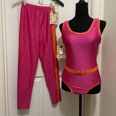 Vintage Rachel McLish The Body Co Leotard Legging Set Pink Orange 80s NWT USA - Image 1 of 4