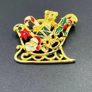 Vintage Enamel Santa Sleigh Teddy Bear Christmas Candy Cane Brooch Pin Jewelry - Picture 1 of 6