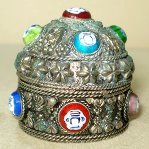Round Carved Metallic Trinket Box w/ stones Velvet Lining Inside 2” Diameter - Picture 1 of 8