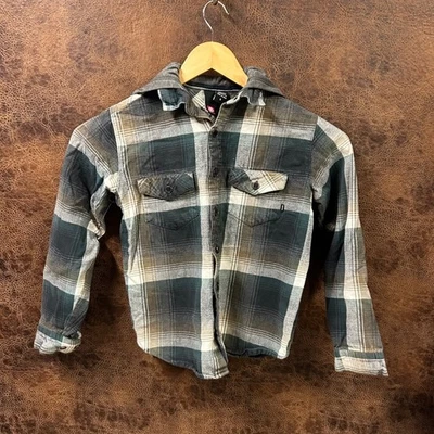Element Youth Small Green, Brown Plaid and Grey Hooded Button Down Lg Sleeve Top - Image 1 of 4