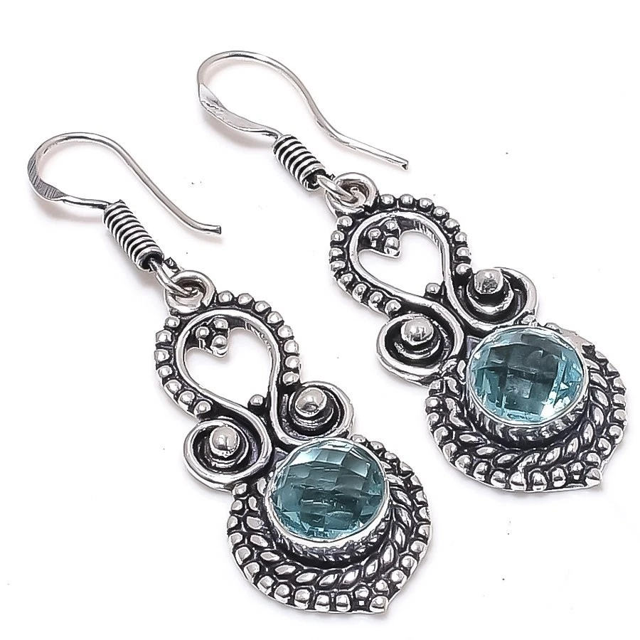 Pendiente de joyería de plata de ley 925 hecho a mano con piedras preciosas de aguamarina tamaño 1,8" Foto 1 de 1