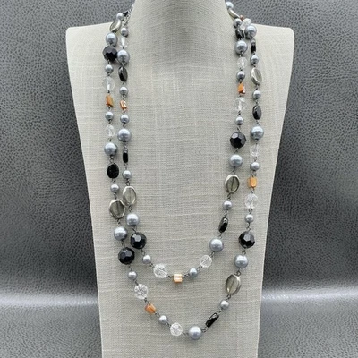 Premier Designs Station Necklace Gray Black Glass Beads Faux Pearl Gunmetal - Image 1 of 4