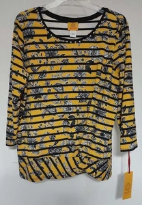 Ruby Rd Women's L Black & Yellow Pullover Dressy Top NWT Long Sleeve Floral Stri - Picture 1 of 4