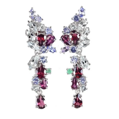 Orecchini in argento sterling 925 pera rodolite acquamarina tanzanite gemma... - Immagine 1 di 4