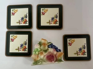 Vintage Lot - Napkin Holder & 4 Green Coasters - All Fruit Pattern - Picture 1 of 18