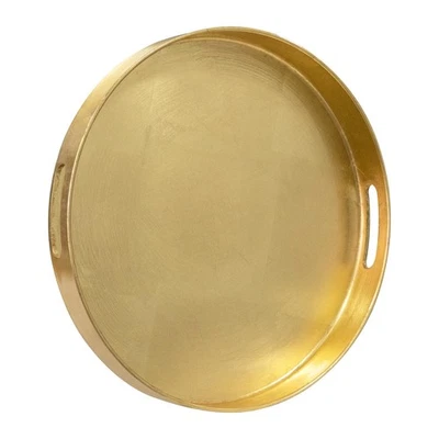 Bandeja decorativa redonda dourada 13 polegadas com alças para mesa de centro otomana - Imagem 1 de 4