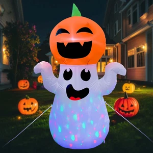 5 Fuß Halloween Aufblasbarer Kürbis Geist mit 360 ° Bunten LED Lichter Hof Deko - Bild 1 von 11
