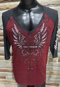 Harley-Davidson 3/4-Sleeve V-Neck Jersey Women's Size 2X Maroon Grey Rhinestones - Picture 1 of 10