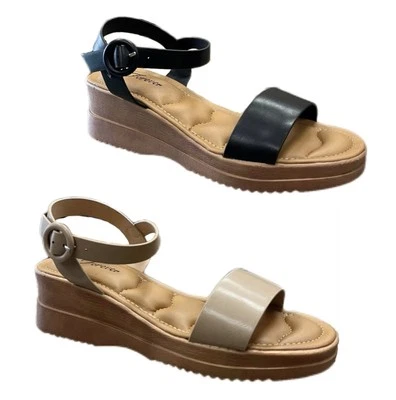 Sandalias de plataforma de cuña para mujer con hebilla al tobillo y punta abierta zapatos de verano negros Foto 1 de 4