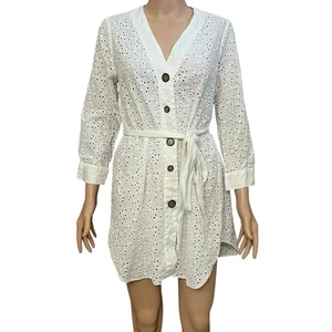 Zara Eyelet Mini Shirt Kleid Tunika kleine Knopfleiste ungefüttert 3/4 Arm Freizeit - Bild 1 von 6