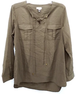 Chicos Womens Shirt Size 1 Olive Green Roll Tab Sleeves with Pockets - Picture 1 of 8