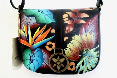 Bolso Bandolera de Cuero Anuschka Tropical Dream Negro Pequeño Bolso Sillín Nuevo con Etiquetas Foto 1 de 4