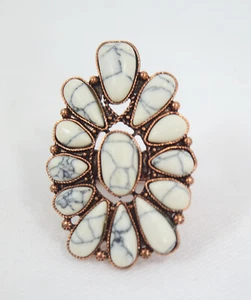 Bohemian Fashion White Squash Blossom Howlite Statement Ring - Picture 1 of 4