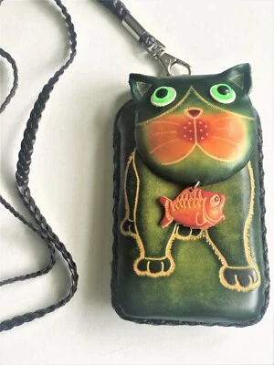 Monedero de cuero Happy Cat with Fish Charm nuevo Foto 1 de 4