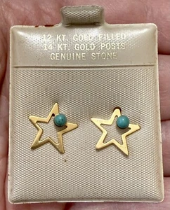 Vintage NEW Old Stock 12K Gold Filled w/14K Gold Posts Blue Stone STAR Earrings - Picture 1 of 3