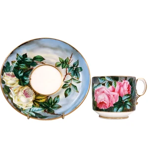 Schnurrbart Tasse Untertasse George Jones bemalte Rosen um 1876 - Bild 1 von 21