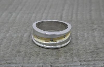Wide Band Sterling Silver & Yellow Gold Natural Diamond Set Modernist Ring UK P - Image 1 of 4