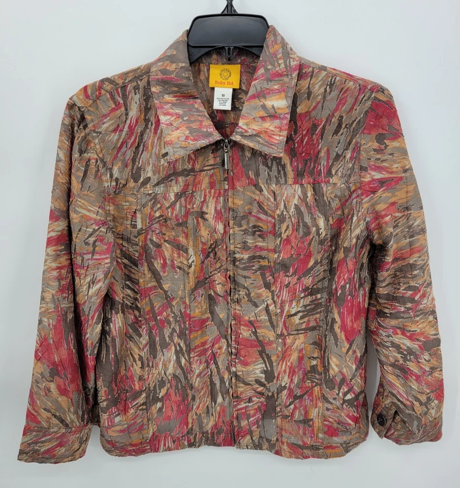 Ruby Road Shirt Jacket Womens 10 Brown Red Abstract Artsy Lightweight Zip Up - Image 1 of 4