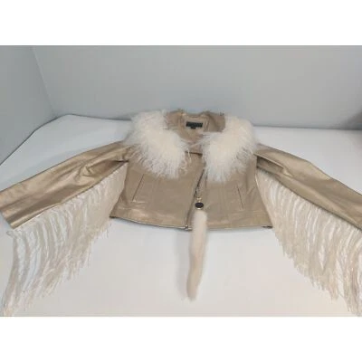 NWOT BERNARDO Motto Gold Leather & Mongolian Fur Fringe Jacket M - Image 1 of 4