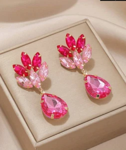 Long Hot Pink Fuchsia Dangle Pageant Rhinestone Crystal Gold Earrings 2.25” - Picture 1 of 8