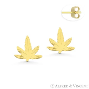 Marijuana Leaf 9x9mm Weed Rasta Pot Cannabis 14k Yellow Gold Charm Stud Earrings - Picture 1 of 1