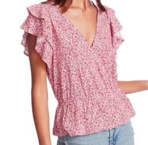 1.State Foral Ditsy Cross Front Passion Pink Flutter Sleeve Blouse Size S NEW - Picture 1 of 16