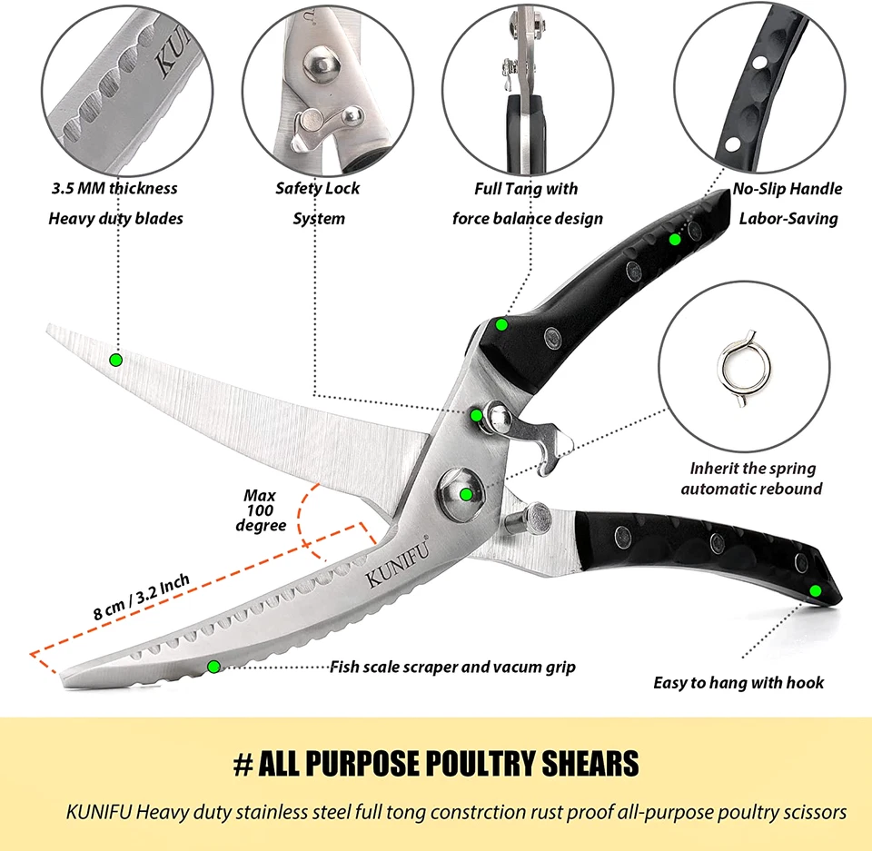 KUNIFU Multi-Function Poultry Shears Spring Loaded Heavy Duty Sharp Stainless - Image 1 of 4