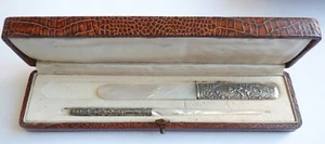 Coupe-papier + porte plume argent massif + nacre ange ancien silver pen dip - Picture 1 of 7