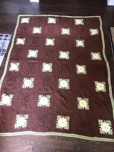 Vintage Crochet 3D Rose Afghan Blanket Throw Full Size 57 X 76 , 1960’s - Picture 1 of 7