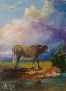 Painting "Cow". Oil on cardboard. 5x7 inc. Handmade. 2025. Unframed. - Picture 1 of 1