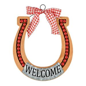 Pioneer Woman Horseshoe Welcome Galvanized Plate Wood Beaded Wall Sign Red NEW