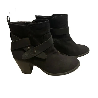 Antiguo botín de tacón apilado de gamuza sintética negro azul marino talla 8 Foto 1 de 4