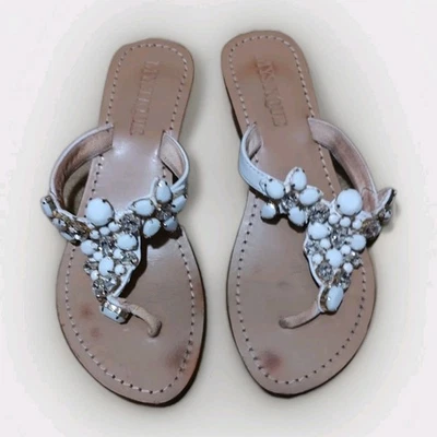 Sandalias Mystique Mujer Talla 8 Blanco Brillante Floral Joyas Cuero Tostado Tanga Deslizable Foto 1 de 4