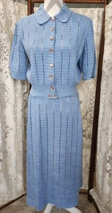 Antique 1930s Knit Crochet Blue Cotton Skirt Set M/L - Picture 1 of 24