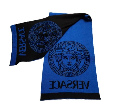 Versace Medusa Cabeza Diseñador Bufanda Llave Griega Azul Real Negro Hecho en Italia Foto 1 de 4