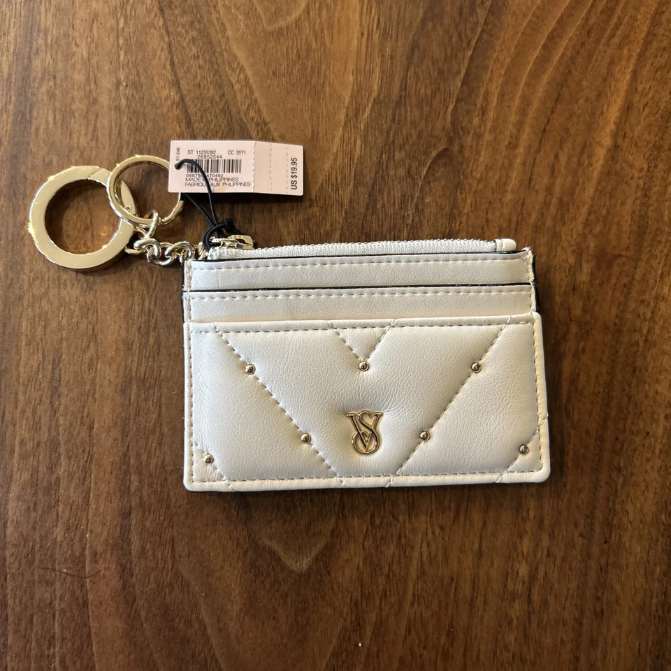 VICTORIA SECRETS TACHONADO ACOLCHADO TARJETERO LLAVERO MONEDERO CREMA - NUEVO Foto 1 de 4