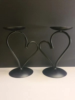 Black Metal HEART SHAPED Candle Holder Stands Set of 2 Tabletop  - Image 1 of 4