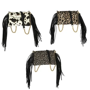 Trendy Tassel Fringe Clutch Purse Women Faux Leather Leopard Print Crossbody Bag - Picture 1 of 11