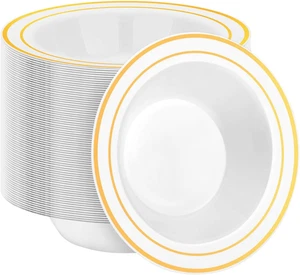 100 Pack Disposable Soup Bowls with Gold Rim, 12Oz Premium Heavy Duty Plastic Di - Picture 1 of 12