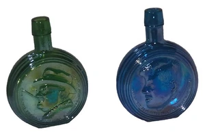 Vntg Pair Wheaton Blue/Green Carnival Glass Decanters Presidents FDR &JFK - Picture 1 of 10