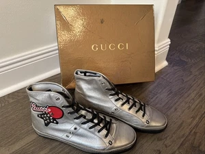 Gucci High-Cut Silver Calfskin Leather Sneakers w/ Stud Embellishment M-11.5 NwB - Picture 1 of 24