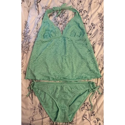 Maiô feminino Mossimo verde crochê gravata halter tankini 2 peças, grande - Imagem 1 de 4