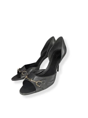 GUCCI Horsebit выбитый монограмма серый кожаный заглянуть носок D'Orsay насосы каблуки размер 38 - Изображение 1 из 4