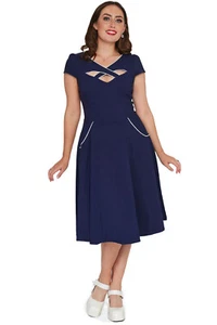 Voodoo Vixen Swing Kleid Connie Cut-Out A-Line Navy Blau Vintage Retro 40s 50s - Bild 1 von 5