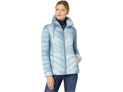 Bernardo Down & Ecoplume Quilted Blue Denim Packable Jacket Size Medium - Image 1 of 4