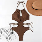 Bodysuit Swimsuit Padded Pure Colors Lady Push Up Hollow Out Halter Monokini