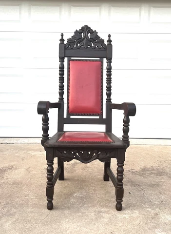 Vintage Spanish Style Carved Throne Chair W Leather & Decorative Nailhead Cover