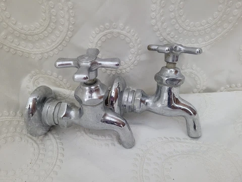 Pair of Antique Vintage Chrome  STANDARD Water Spigots Faucets Farm Sink Cover