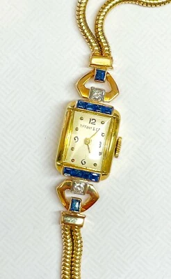 Tiffany & Co Vintage Sapphire Diamond 14k Gold Ladies Watch 1940’s Excellent - Image 1 of 4
